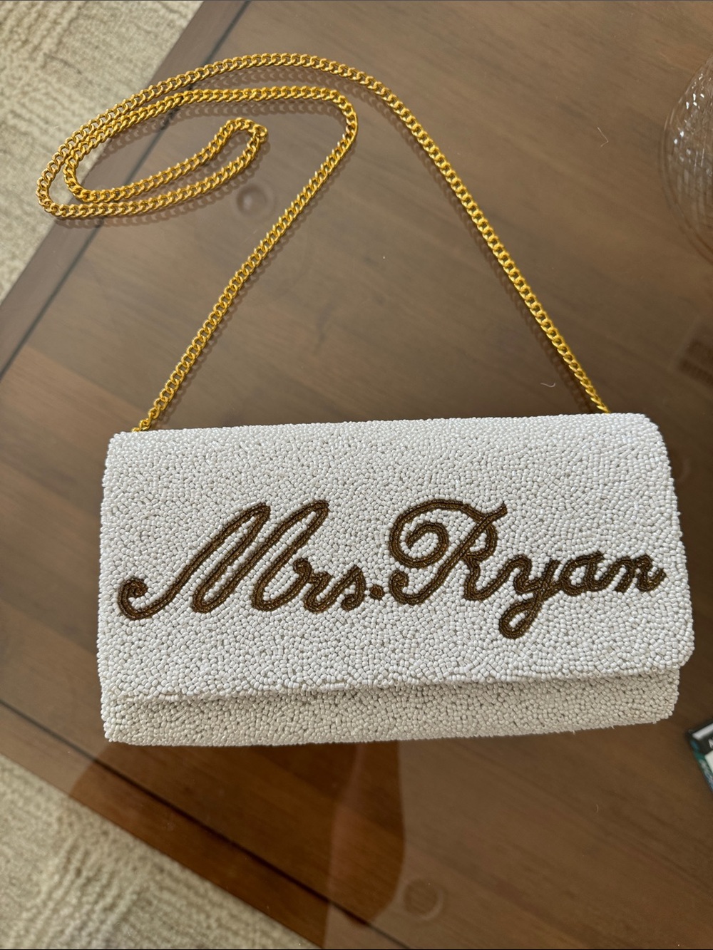 Beaded White Mrs. Ryan Clutch with Gold Chain Strap